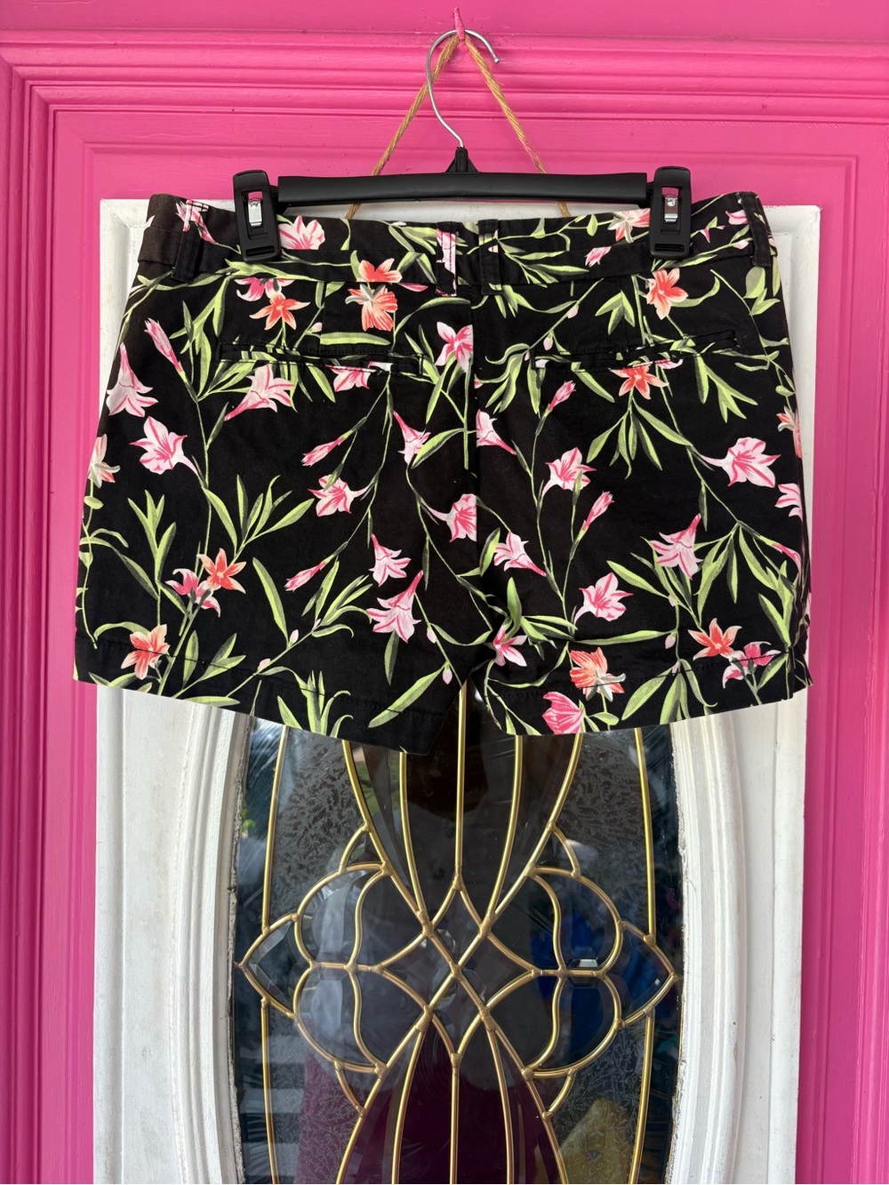 GAP Black Shorts with Pink Floral & Green Leaf Print